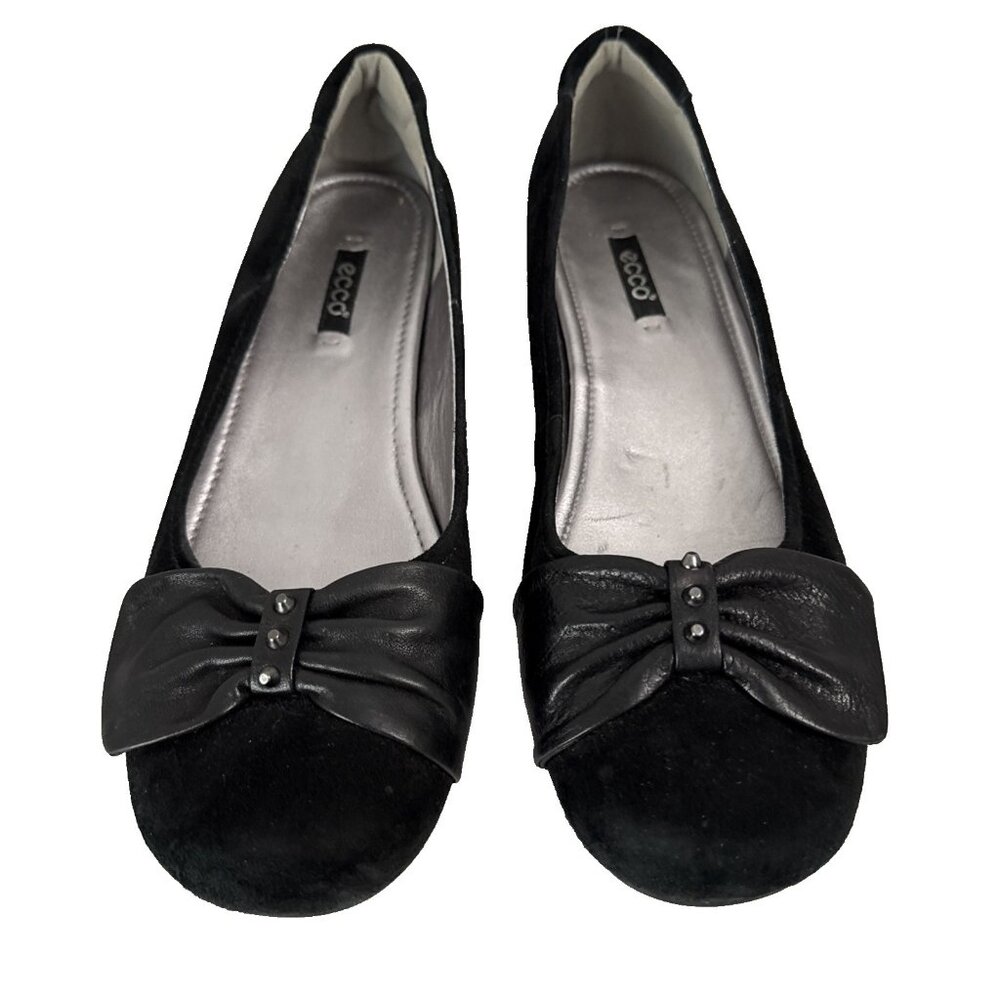 ECCO Women's Flats 40  9 - 9.5 Black Suede Leather Ballerina Bow Trim Comfort‎